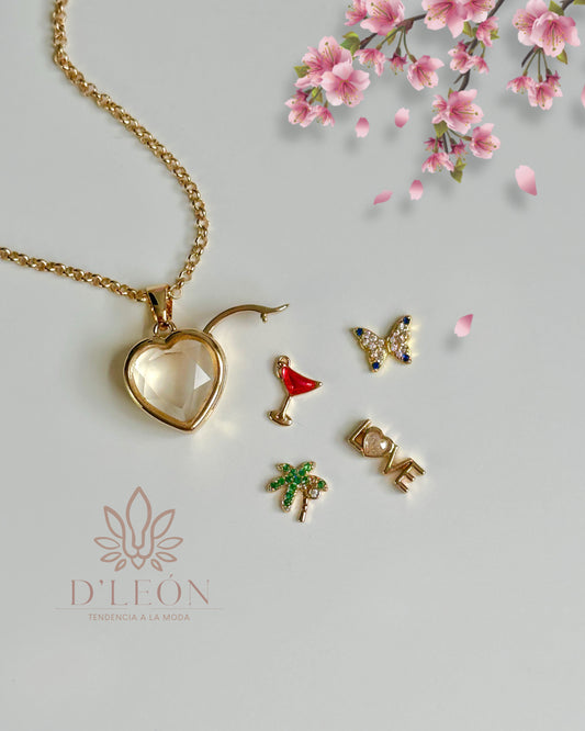 Collar caja de cristal "corazón" + 2 charms